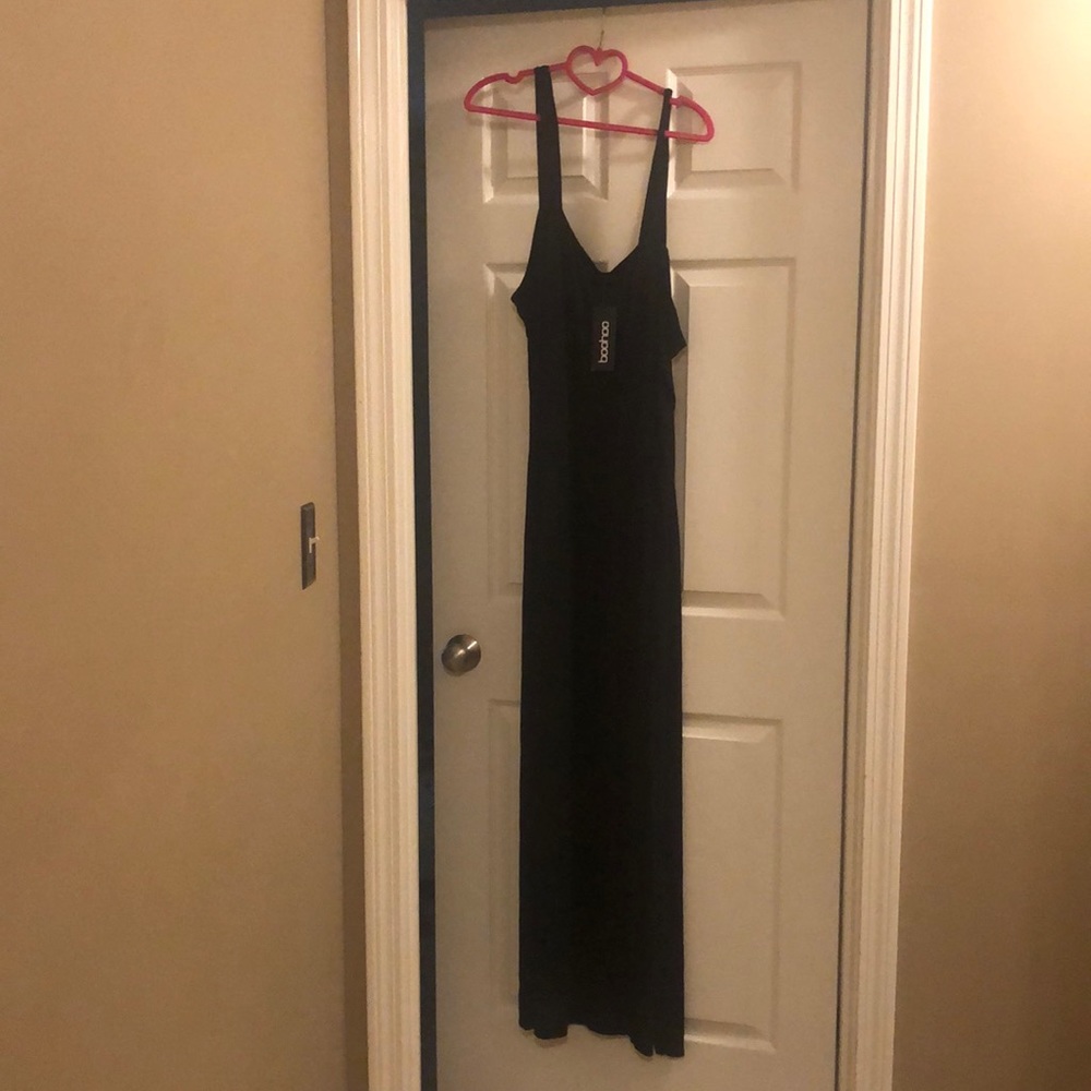 Long black cotton dress with slit.